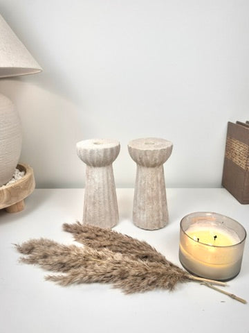 Set of 2 Textured Hand-Painted Candlestick 10" tall - Beige Washed