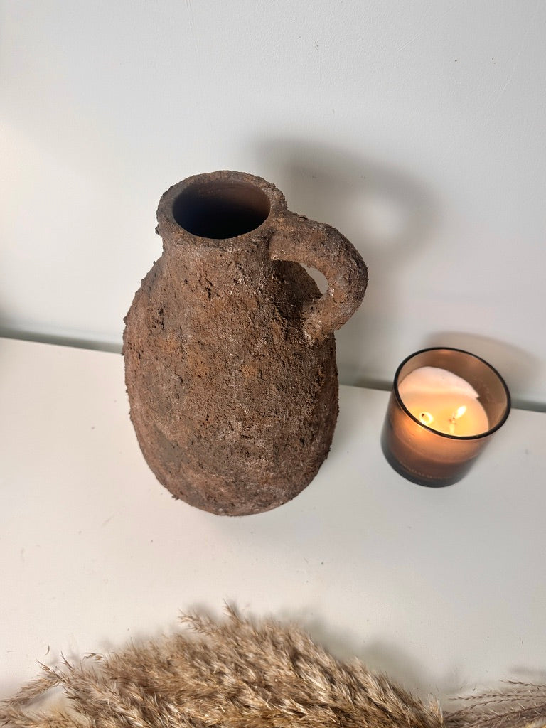 Rustic Tree Style Ceramic Vase Textured Handcrafted 12" tall - Dark Brown