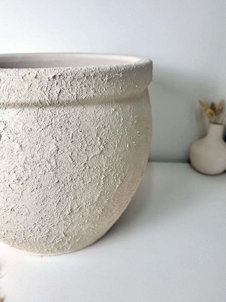 Minimalist Hand-Painted & Textured Planter Pot 12" tall with drainage hole one time creation - Cream
