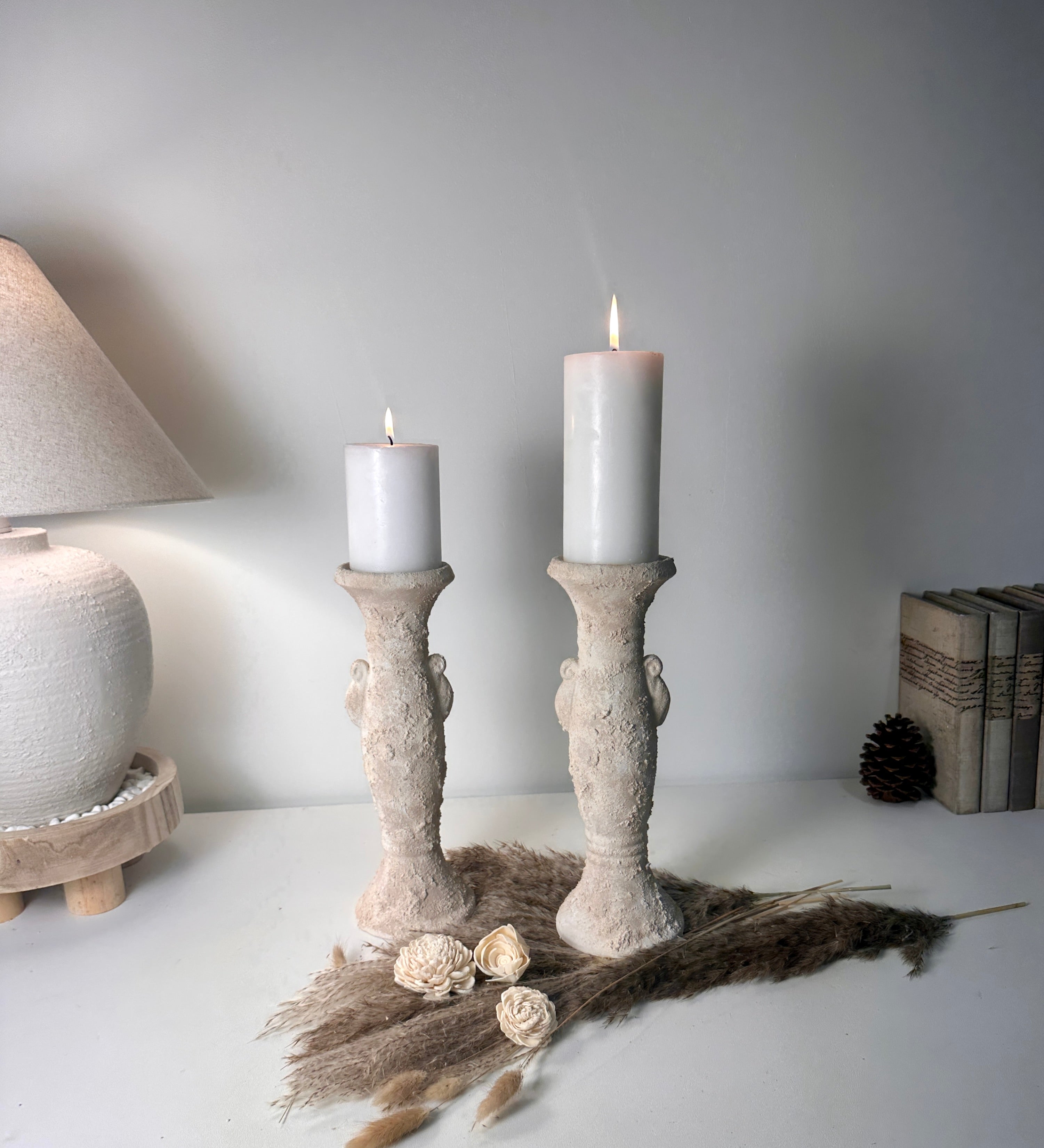 Set of 2 candlestick tray holders hand-painted and textured minimalist roman style 12" tall - Cream Sand wash