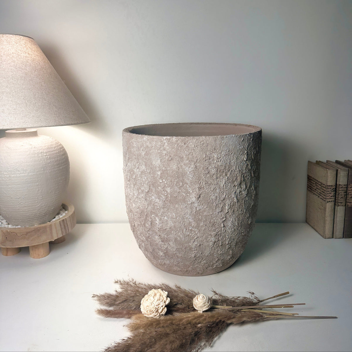 13.5" Minimalist Hand-Painted & Textured Planter Pot with Drainage Hole - Beige Wash