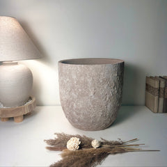13.5" Minimalist Hand-Painted & Textured Planter Pot with Drainage Hole - Beige Wash