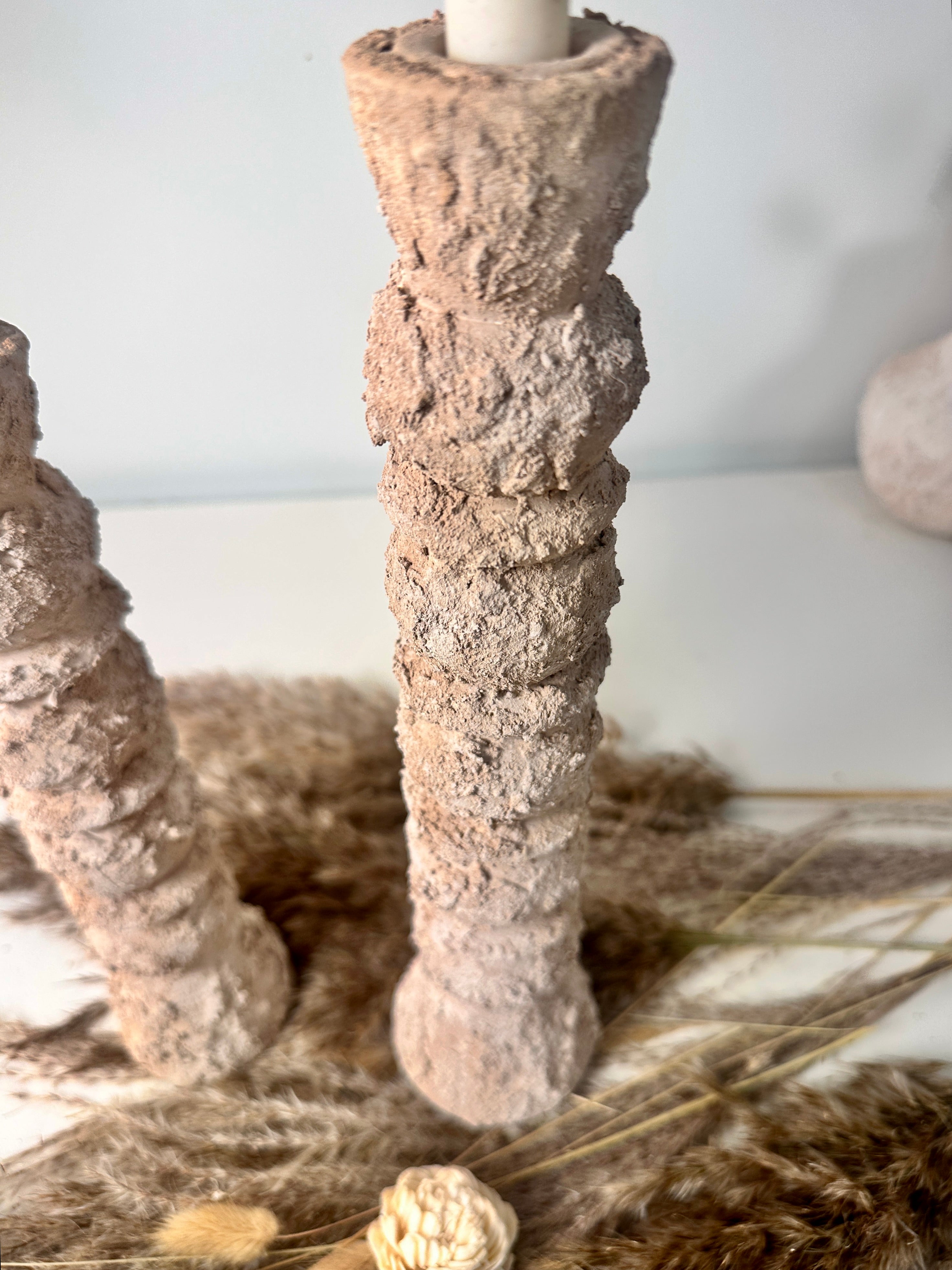 Set of 2 candlestick holders hand-painted and textured minimalist rustic style 12" tall and 10" tall - Tan Beige