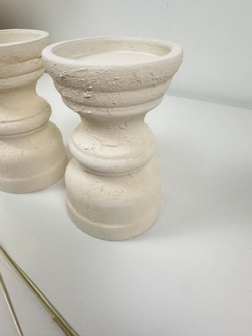 Set of 2 Candle Holders Minimalist Style Hand-Painted and Textured Wood 6" tall each - Cream White