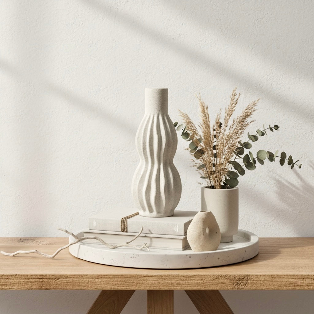 Minimalist Modern Ceramic Stripes Vase - White 14"