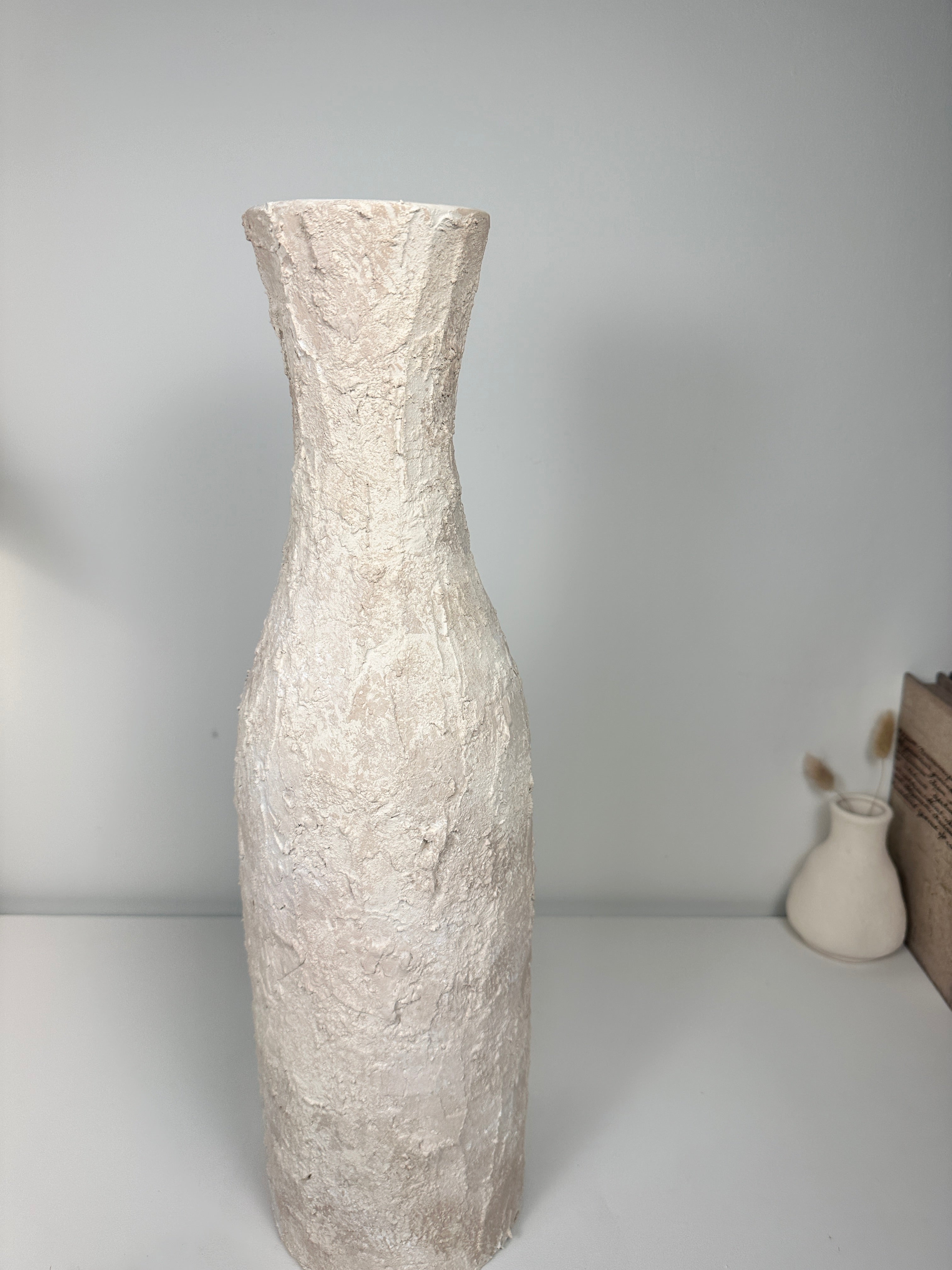 Minimalist Art Piece Floor Vase 19.5" tall - textured and hand-painted - off white