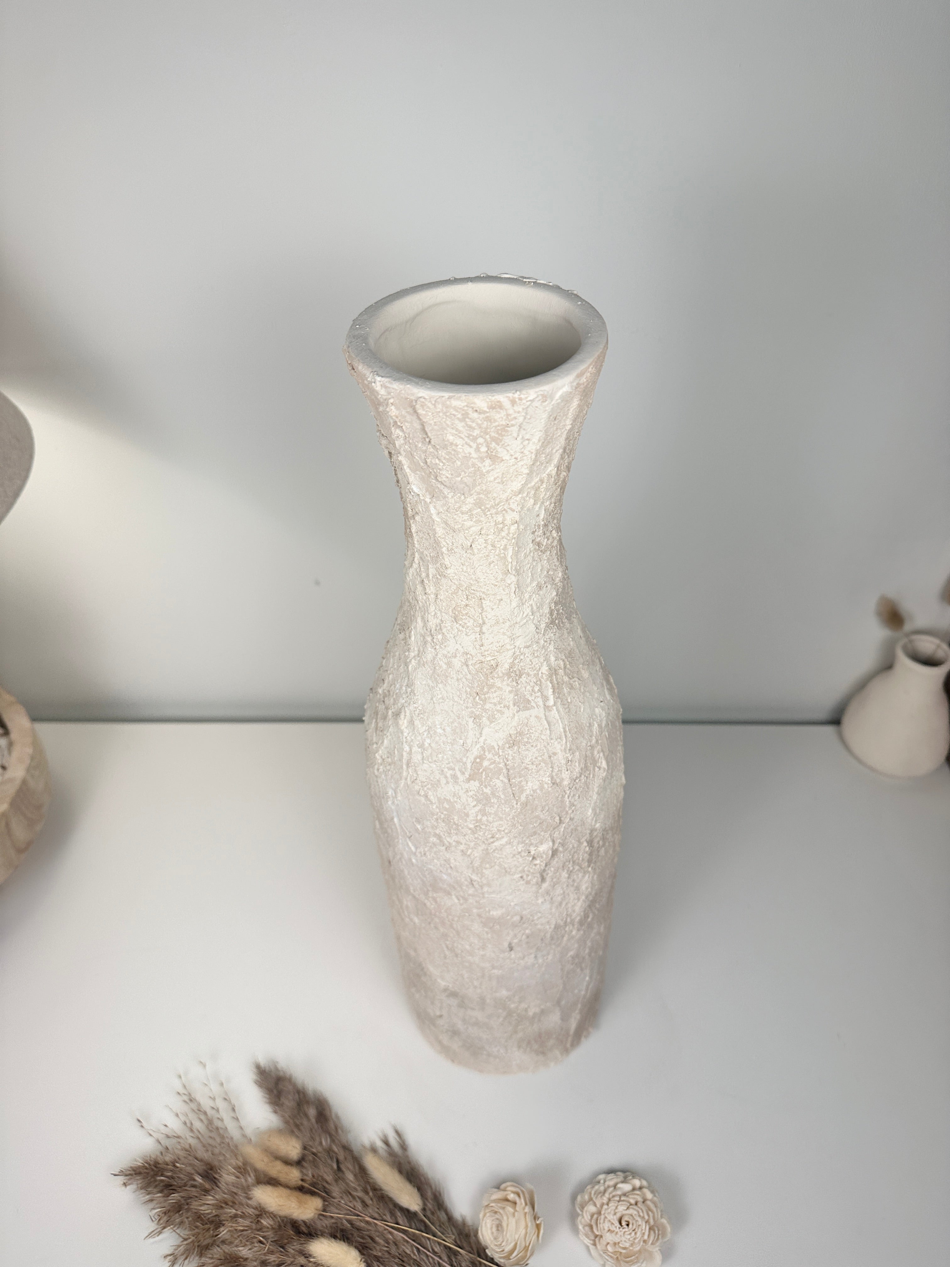 Minimalist Art Piece Floor Vase 19.5" tall - textured and hand-painted - off white