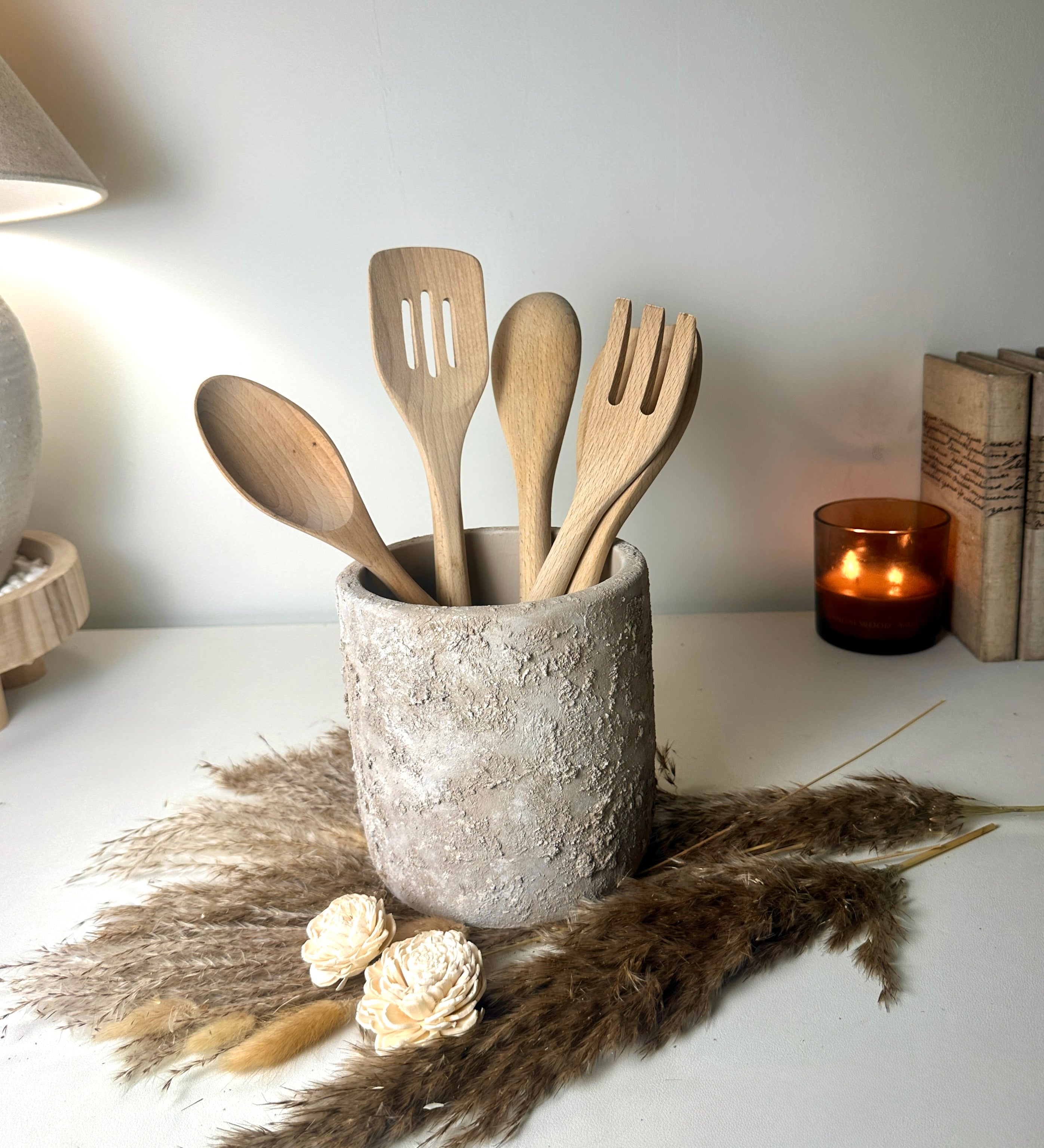 Utensil Spoon Kitchen Decor Pot Hand-Painted Textured 7" tall - Beige Wash