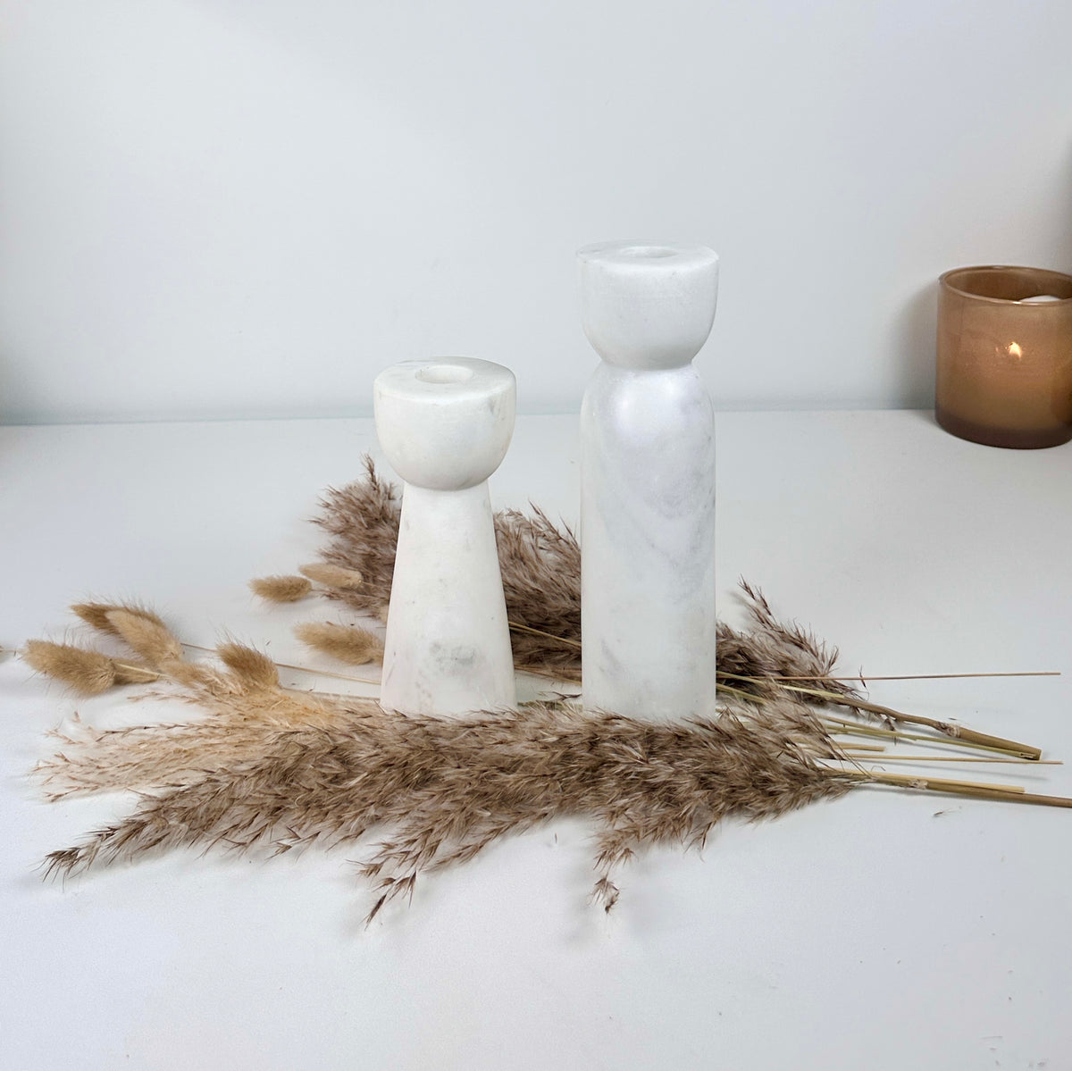 Set of 2 Marble Candle Holders (6x2x2" 8x2x2")  - White