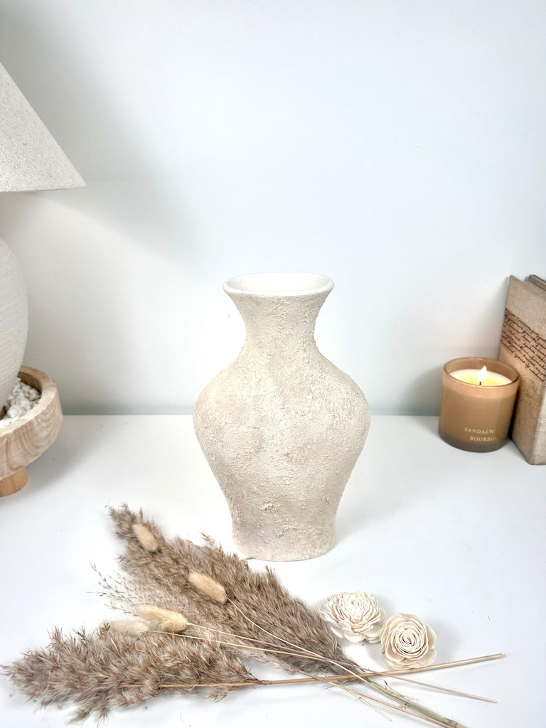 Minimalist Textured Hand-painted Ceramic Vase 11" tall - Off White/ Sand