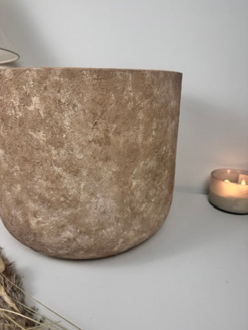 Rustic Hand-Painted & Textured Planter 12" tall with drainage hole one time creation - Brown washed