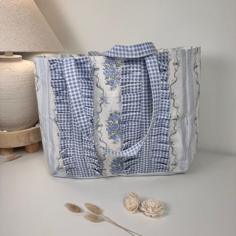 French Provençale Style Tote Bag 15" tall Eco-Friendly botanical floral print - Blue and White