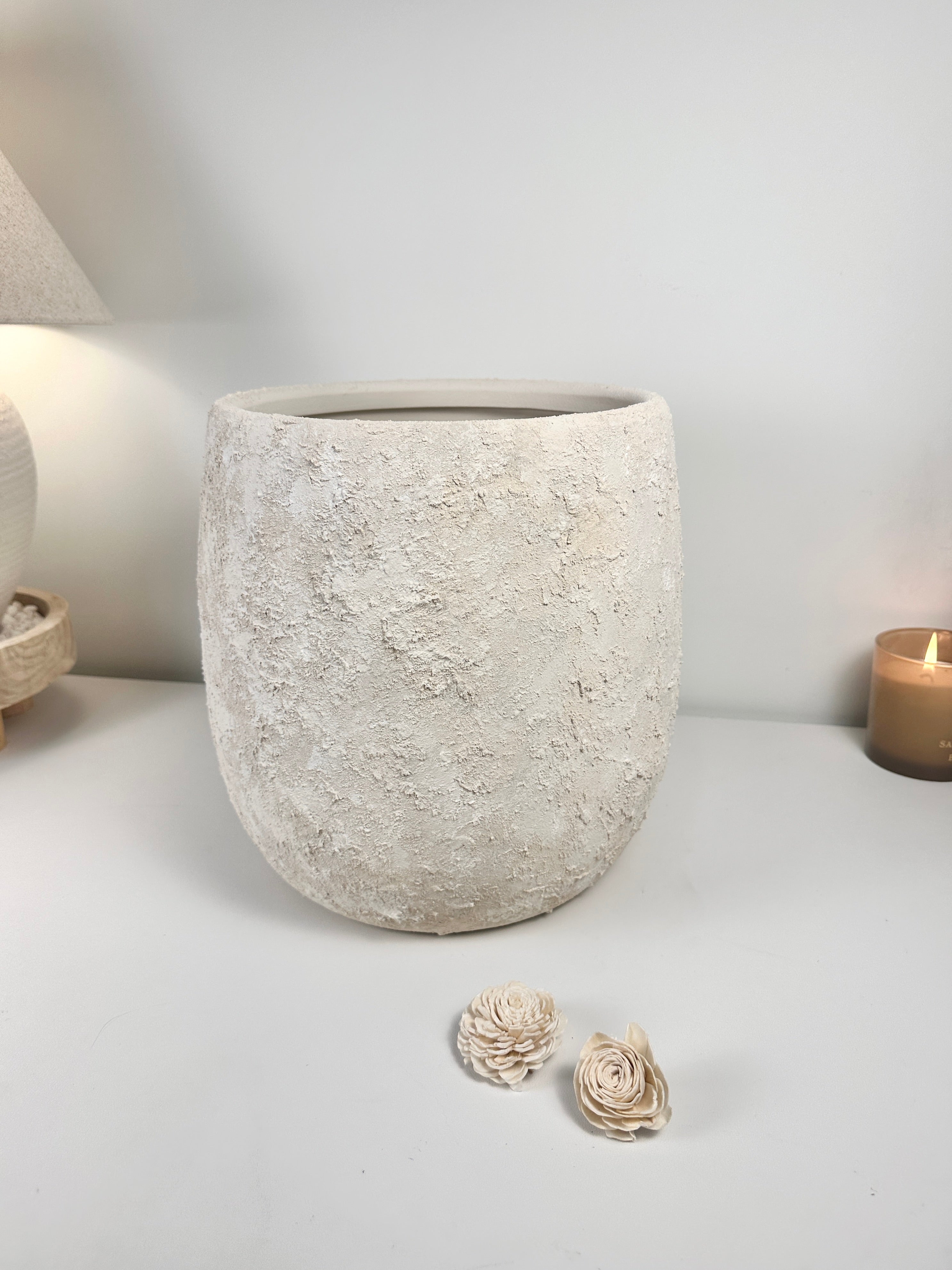 Minimalist Textured Hand-painted Ceramic Planter 12.5"" tall - off white washed