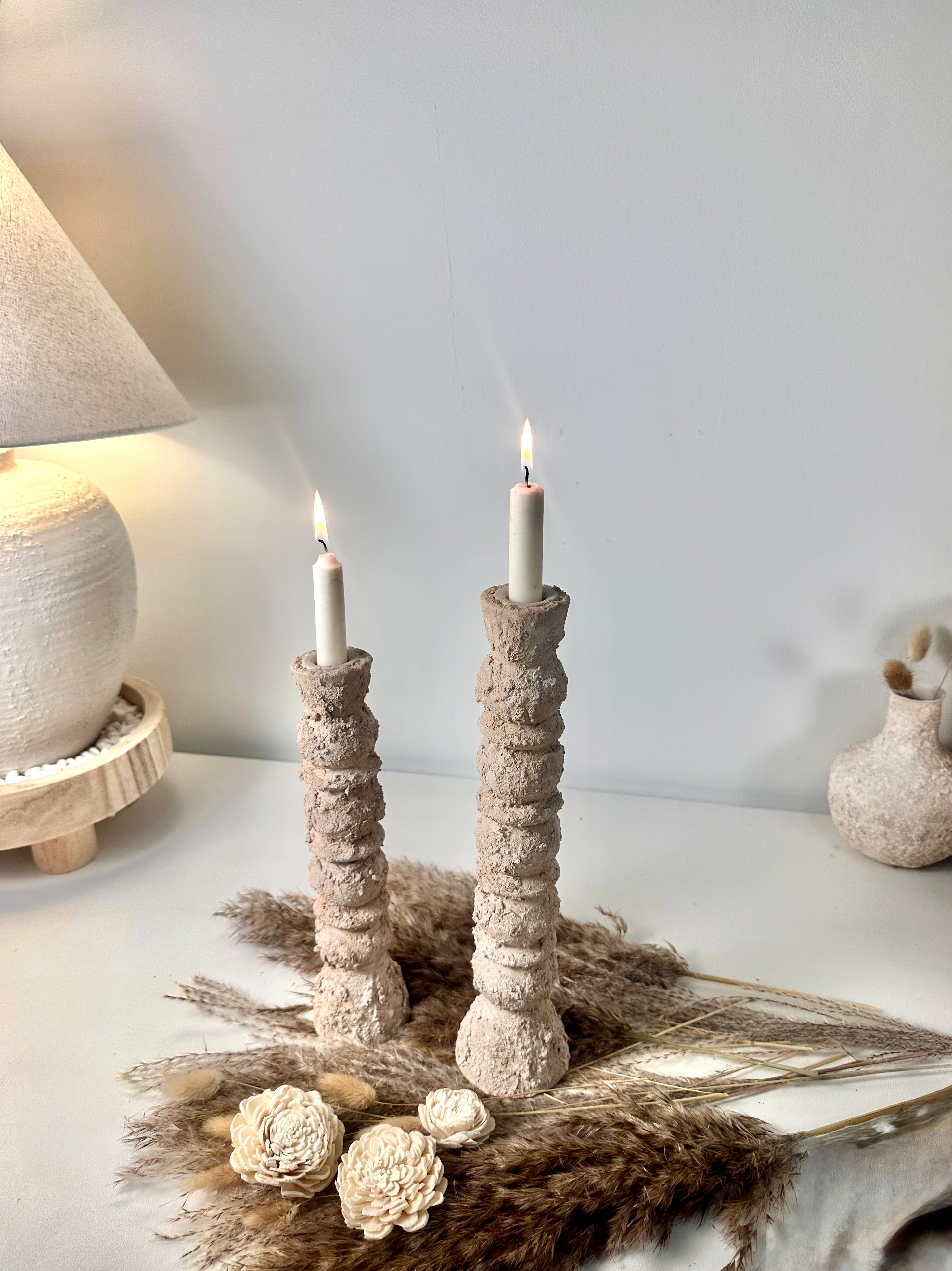 Set of 2 candlestick holders hand-painted and textured minimalist rustic style 12" tall and 10" tall - Tan Beige
