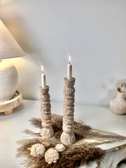 Set of 2 candlestick holders hand-painted and textured minimalist rustic style 12" tall and 10" tall - Tan Beige