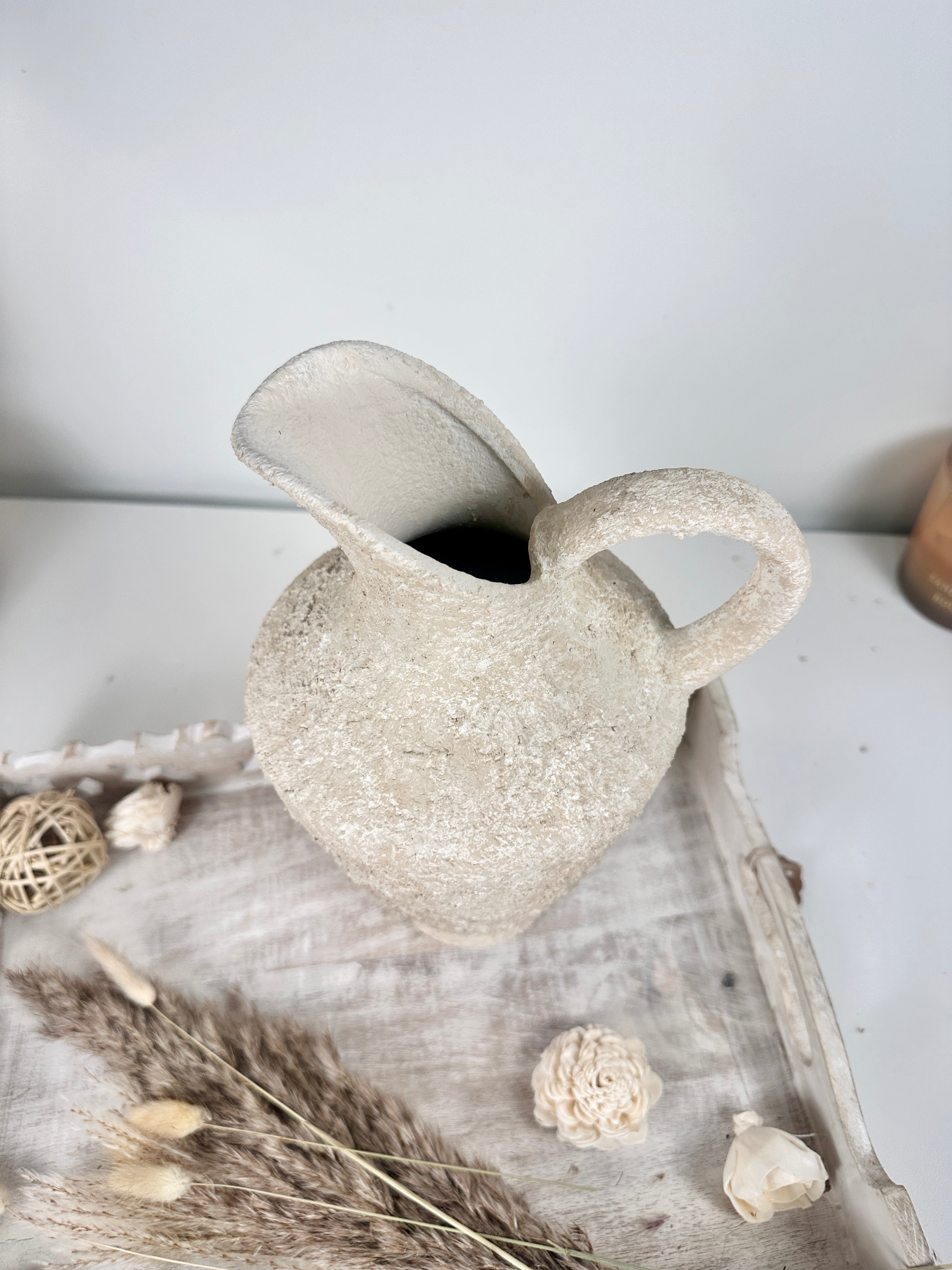 Decorative Textured Hand-painted Pitcher Vase Cream Sand washed 12"