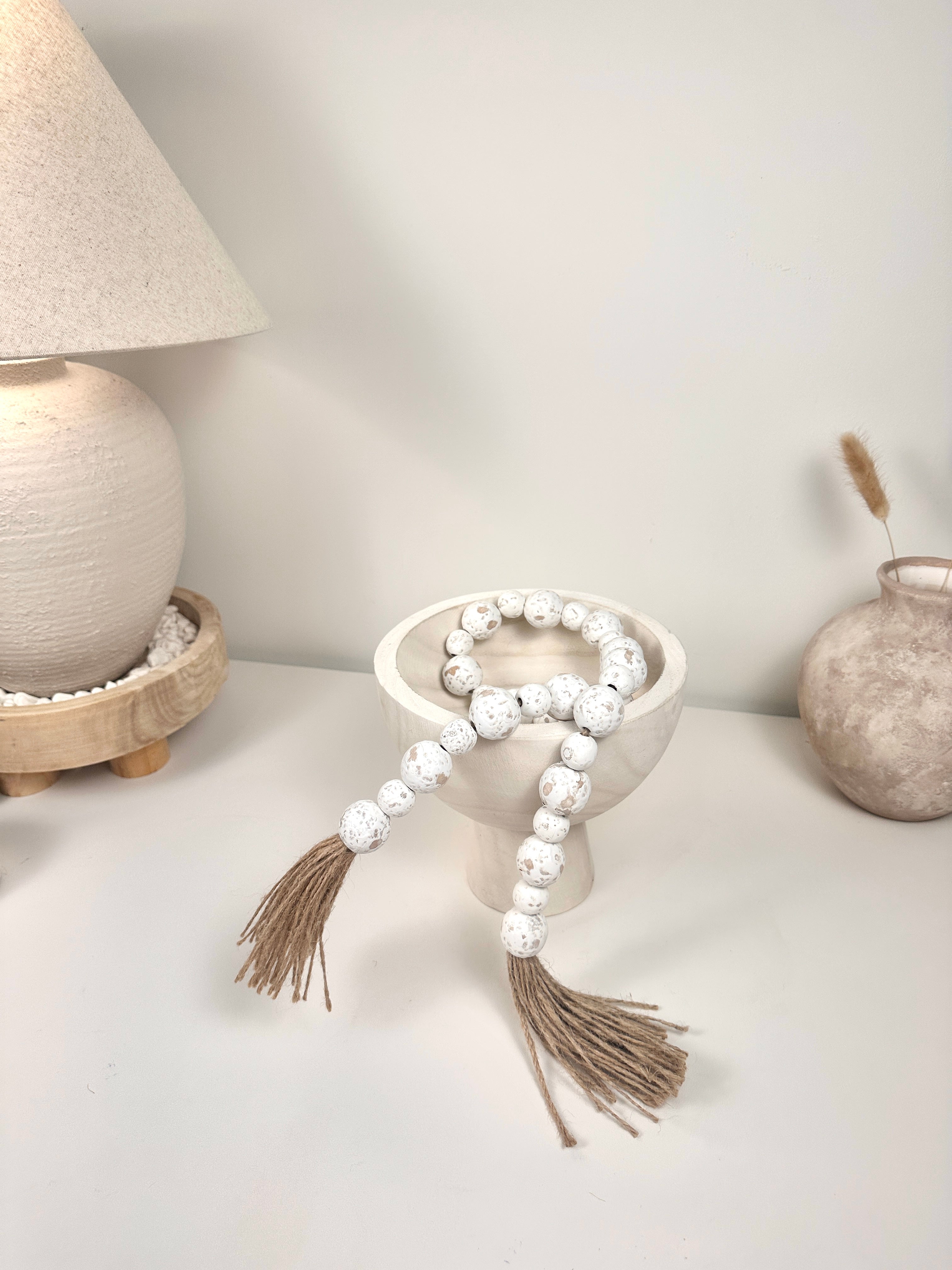 Set of 2 Boho Paulownia Bowl Tray 7"tall Ivory Sand + Wood Bead Garland