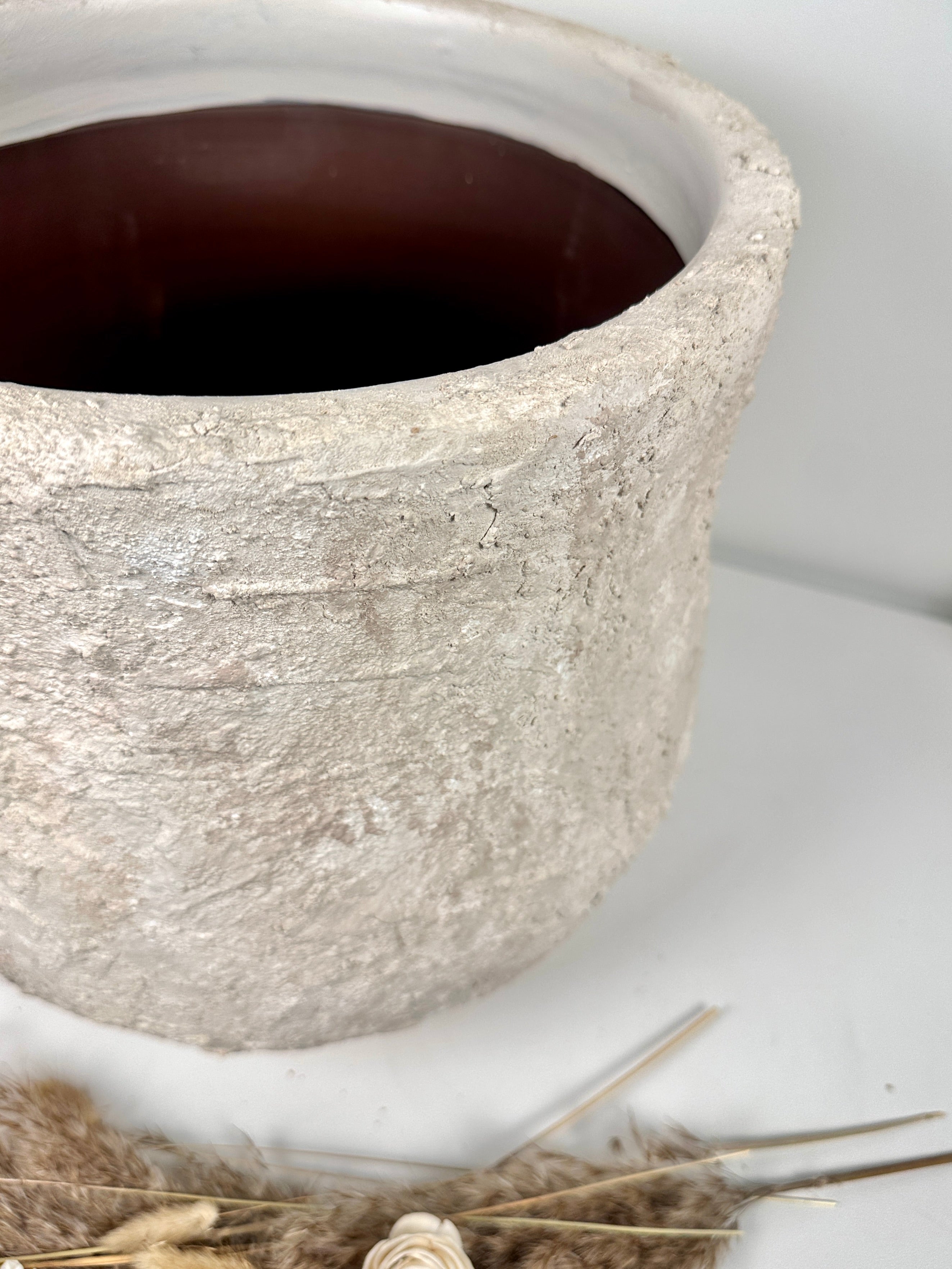 Minimalist Hand-Painted & Textured Planter Pot 12" tall with drainage hole one time creation - Cream Linen wash