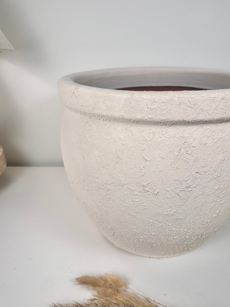Minimalist Hand-Painted & Textured Planter Pot 12" tall with drainage hole one time creation - Cream