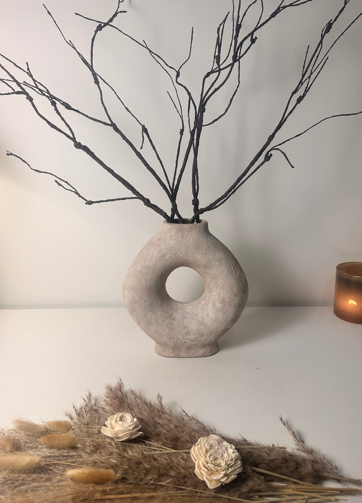 Ceramic Hand-Painted 9.5" tall Vase Donut Shape - Beige wash