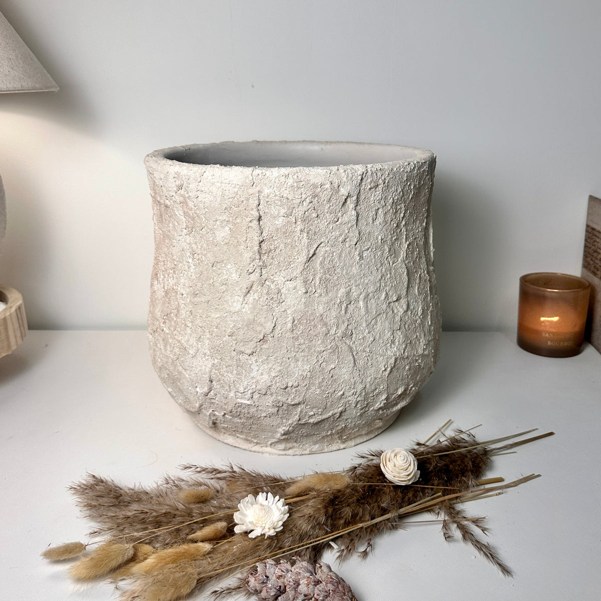 Minimalist Hand-Painted & Textured Planter Pot 12" tall with drainage hole one time creation - Cream Linen wash
