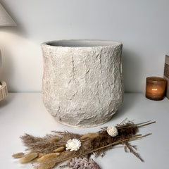 Minimalist Hand-Painted & Textured Planter Pot 12" tall with drainage hole one time creation - Cream Linen wash