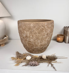 Rustic Hand-Painted & Textured Planter Pot 13" tall with drainage hole one time creation - Earth Brown on Brown