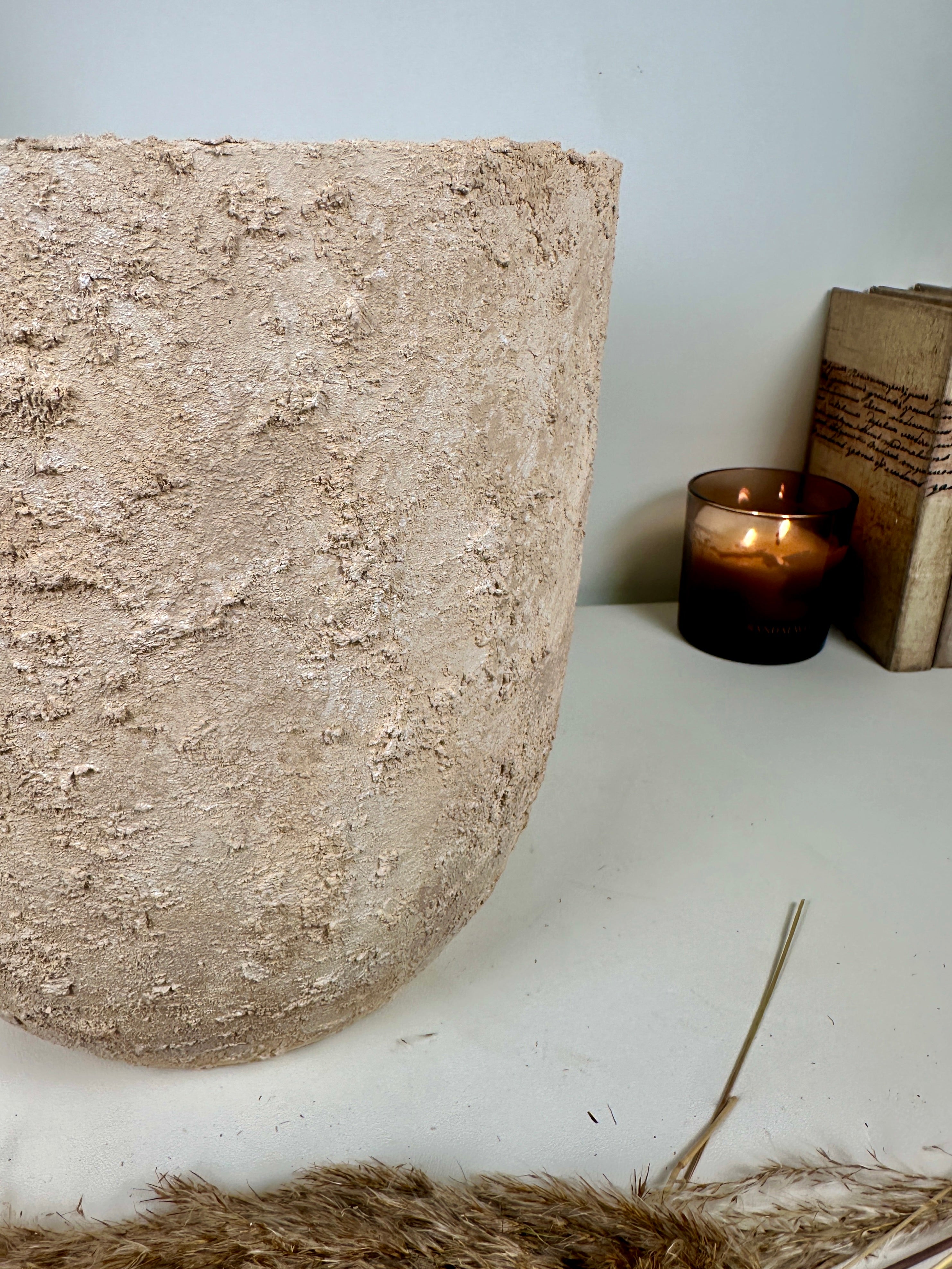 9" tall Minimalist Hand-Painted & Textured Planter Pot with drainage hole - Sand wash