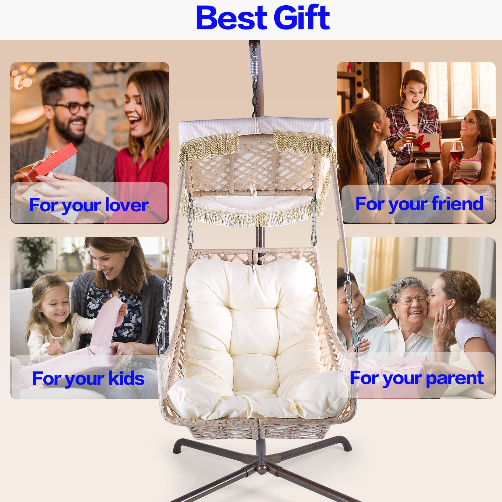 Swing Egg Chair with Stand Indoor Outdoor, UV Resistant Black Cushion with Cup Holder, Wicker Rattan Frame with Sunshade Cloth
