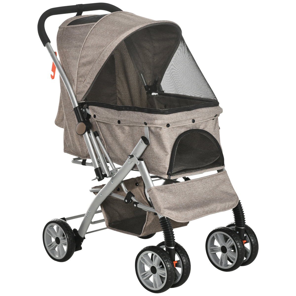 Dog/Pet Stroller for Small Dogs/Cats, 4 Wheels One-Click Fold with Swivel Wheels, Brake, Basket Storage, Safety Belts, Adjustable Canopy, Zippered Mesh Window Door, Brown