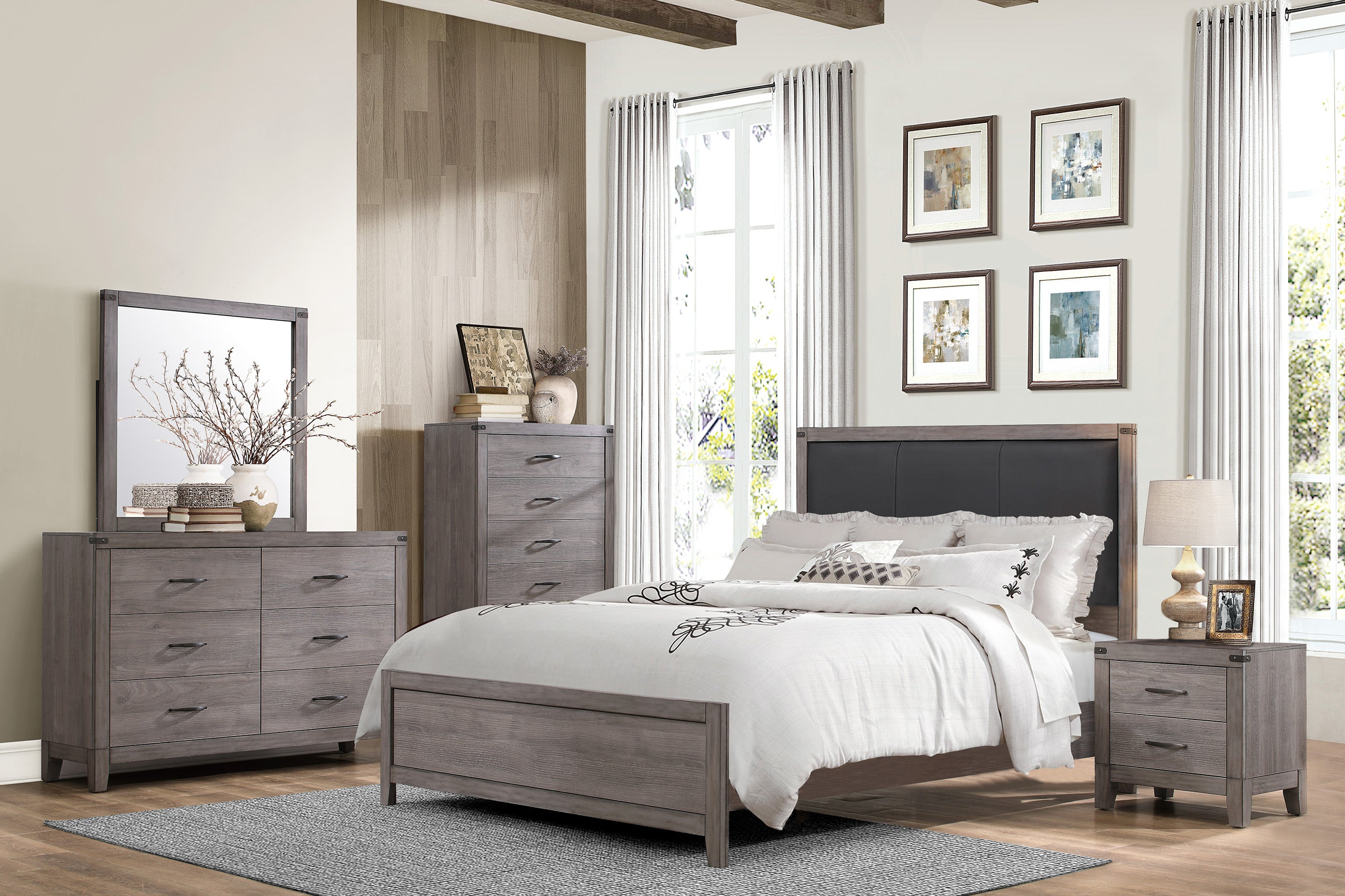 Queen Bed Black Faux Leather Upholstered Headboard - Brownish Grey Finish