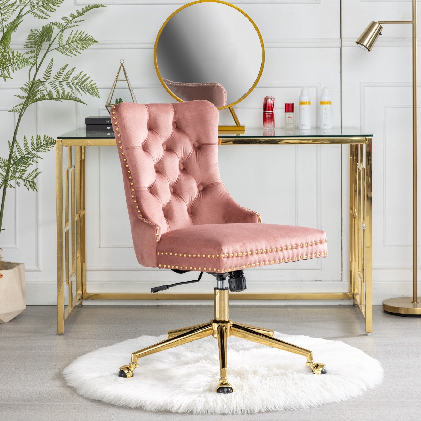 Velvet Upholstered Tufted Button Home Office Chair with Golden Metal Base, Adjustable Desk Chair Swivel Office Chair - Pink