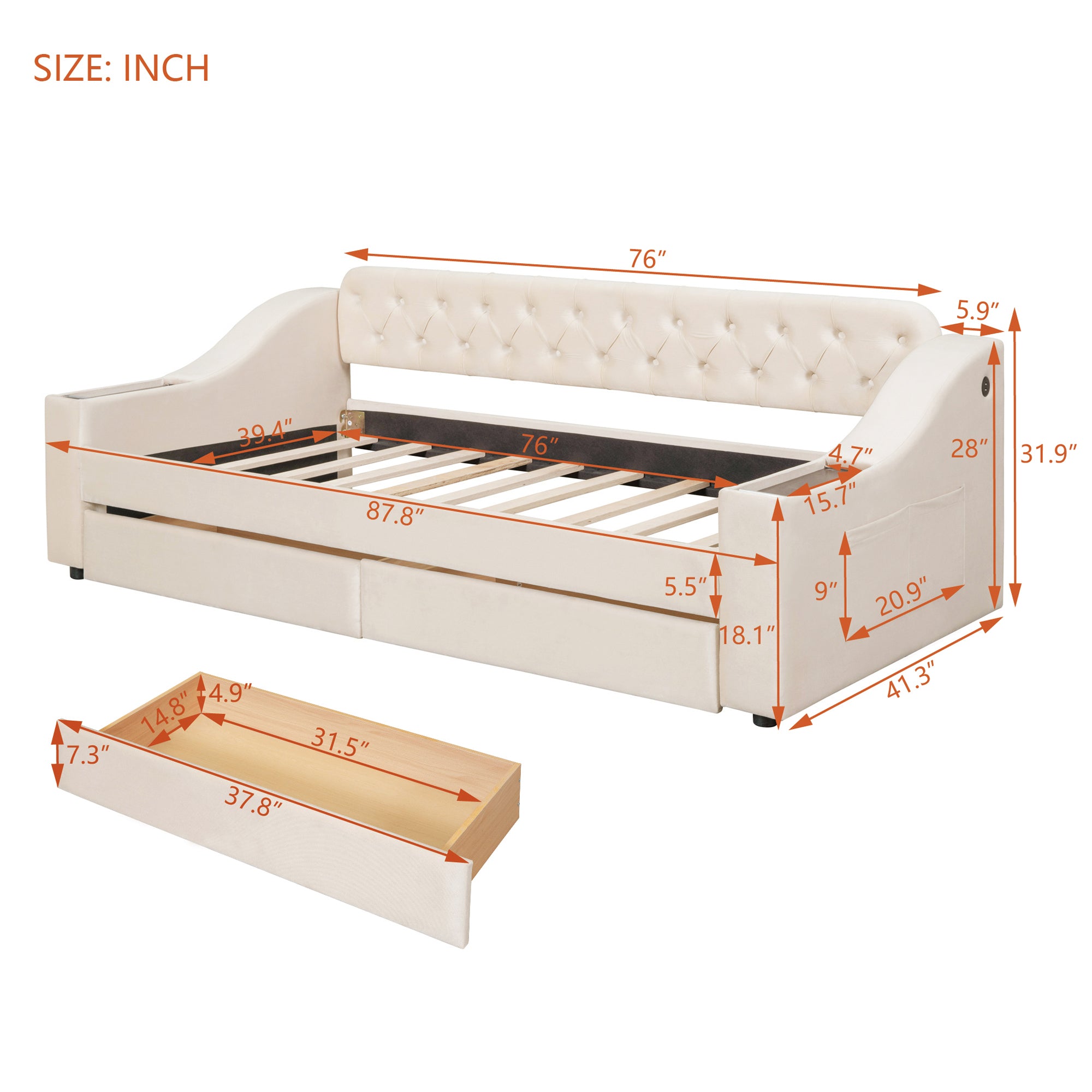 Twin Size Upholstered Daybed with Storage Armrests and USB Port - Beige