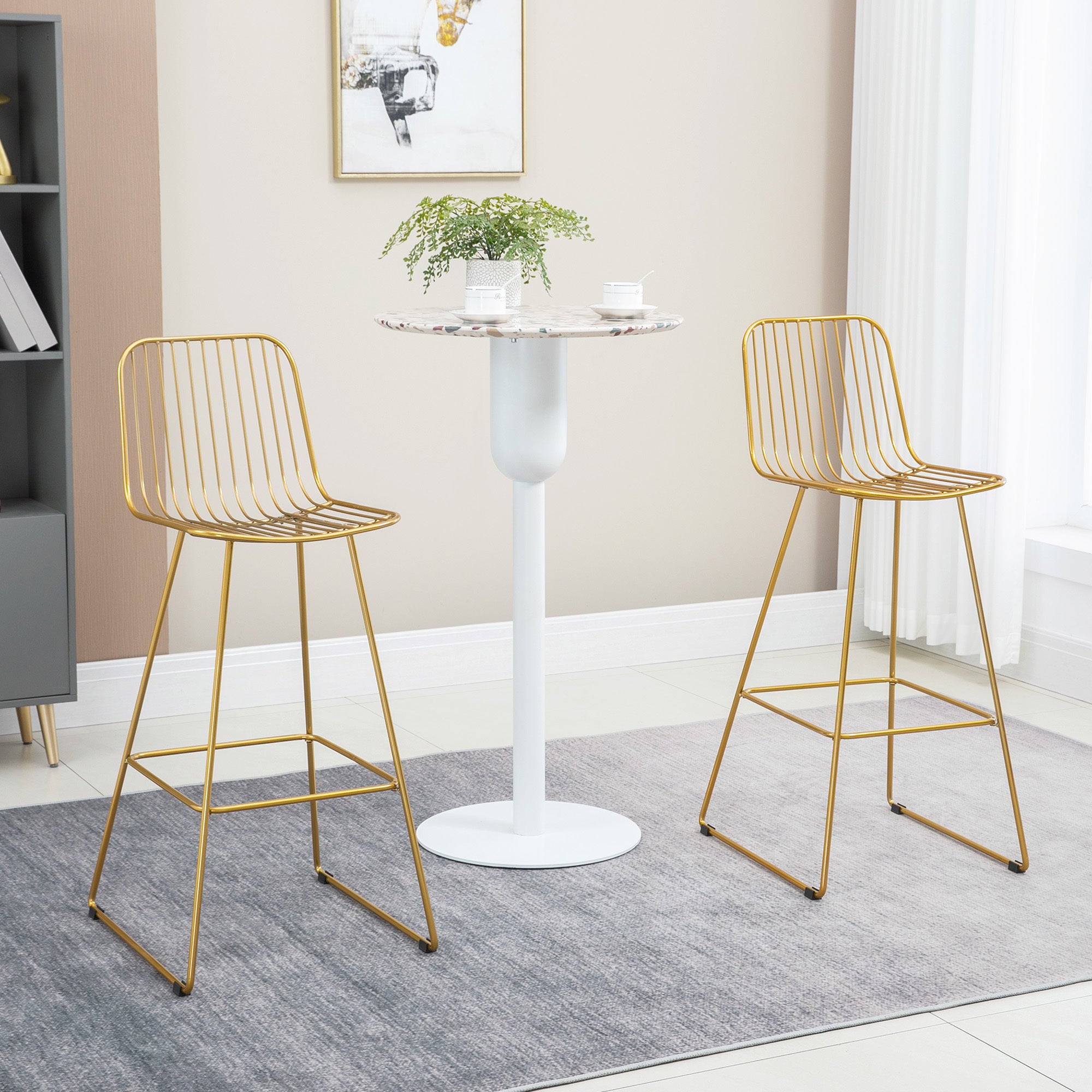 Set of 2 Gold Modern Bar Stools, Metal Wire Bar Height 30" with Back and Footrest