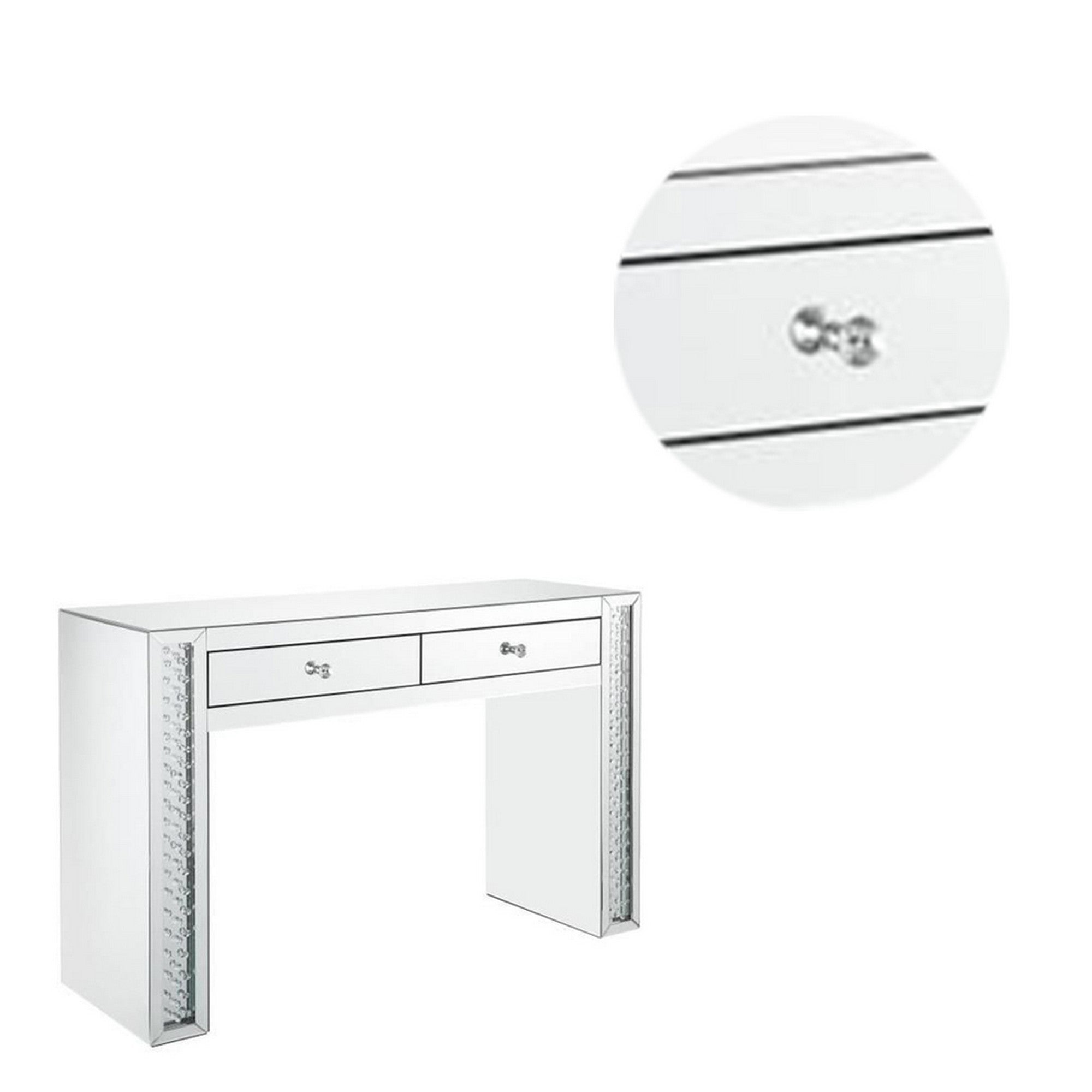 Mirror Accented Two Drawers Wooden Vanity Desk With Faux Crystal Inlay, Silver