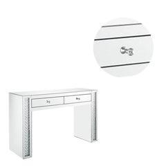 Mirror Accented Two Drawers Wooden Vanity Desk With Faux Crystal Inlay, Silver