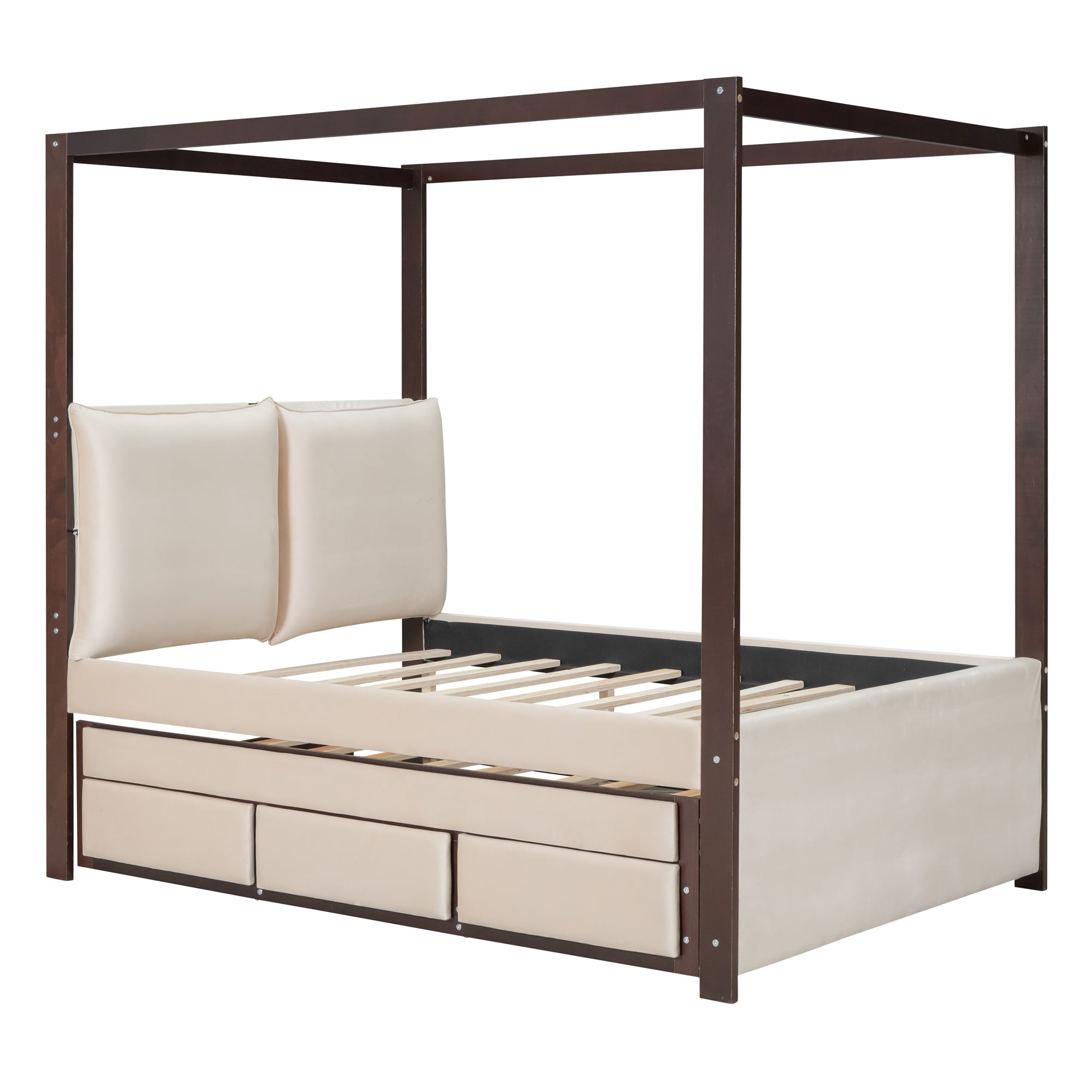 Full Size Upholstered  Canopy Bed with Trundle and 3 Drawers - Beige