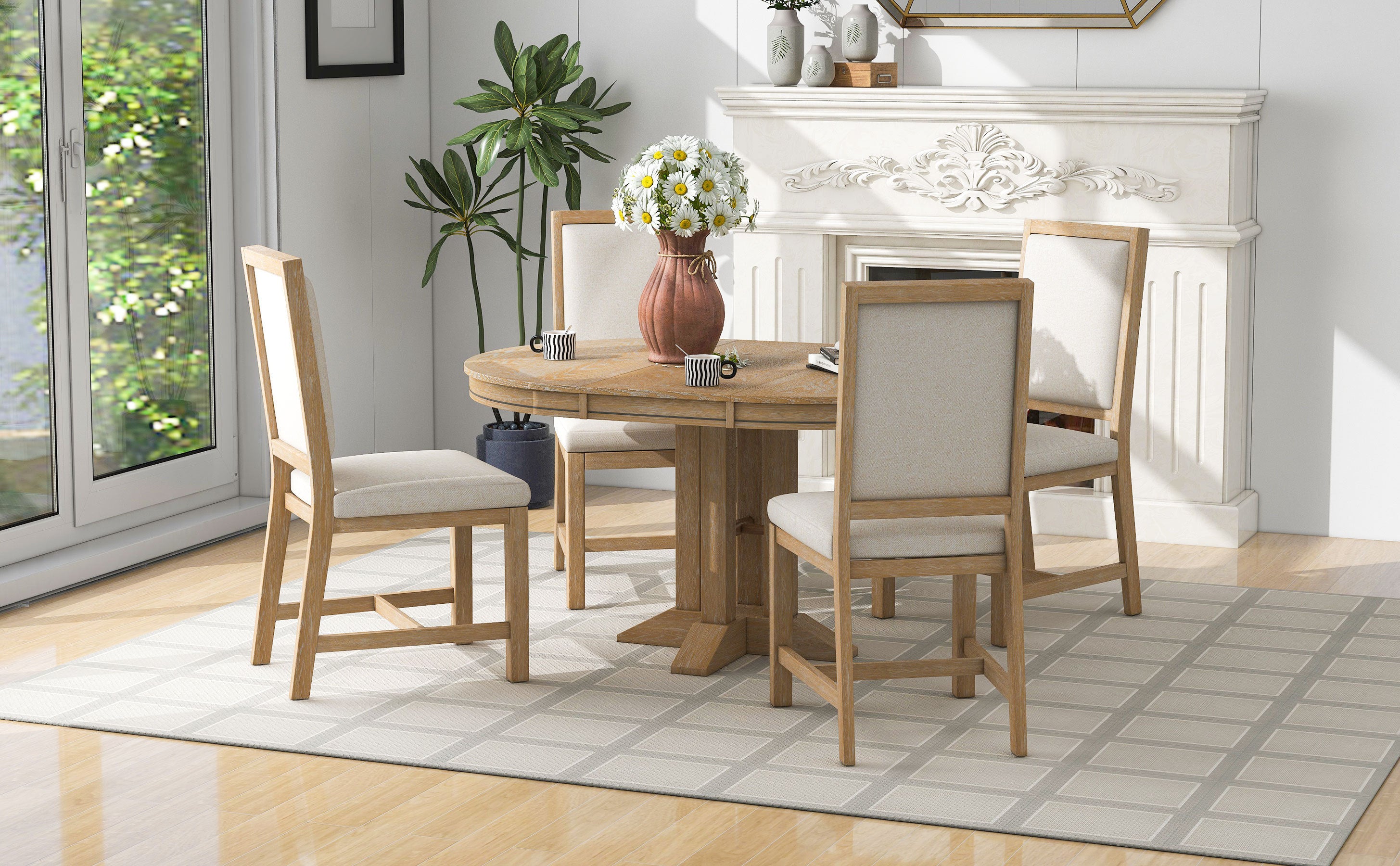 5-Piece Dining Set Extendable Round Table and 4 Chairs Farmhouse Dining Set - Natural Wood Wash