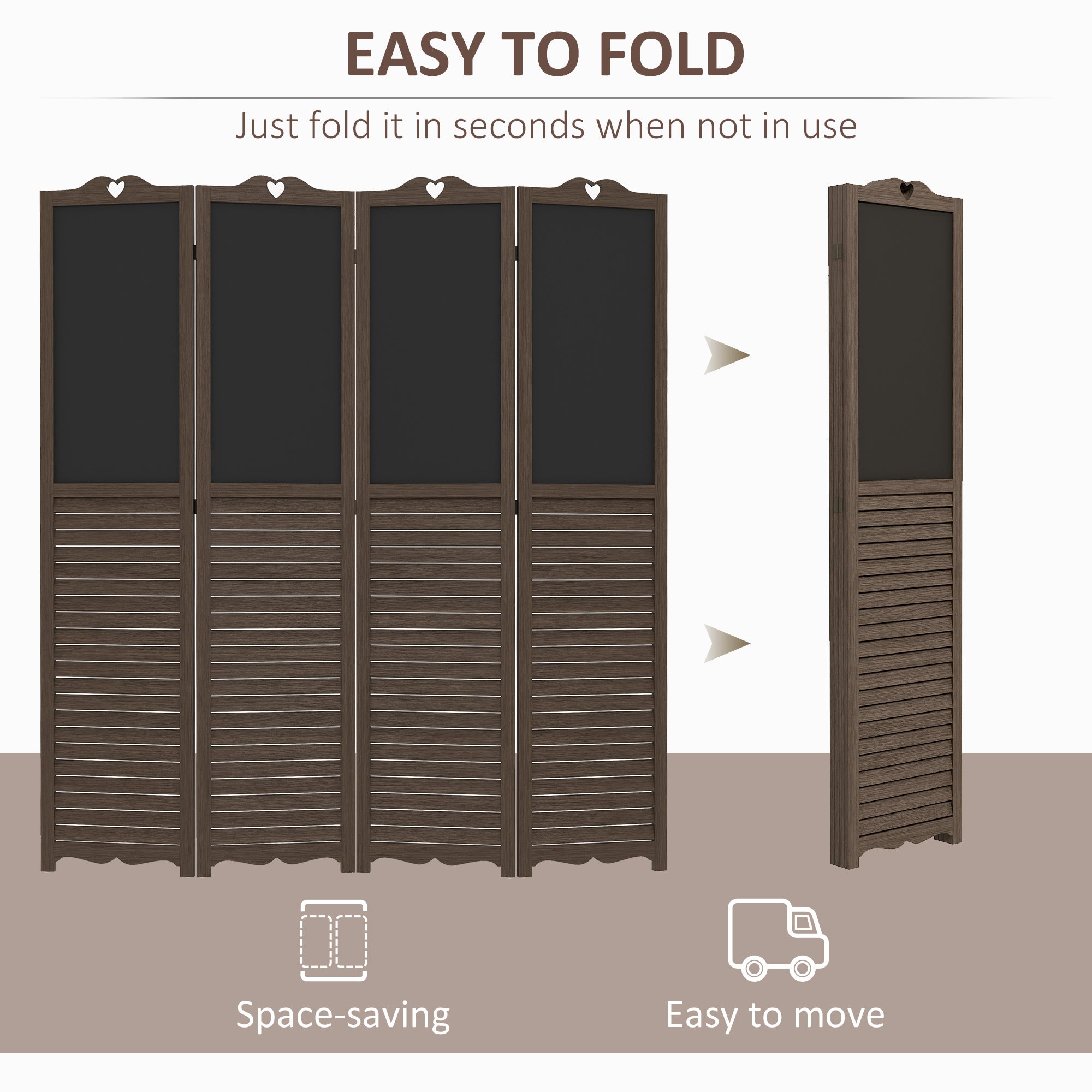 4-Panel Folding Room Divider with Blackboard, 5.5 Ft Tall Freestanding Privacy Screen Panels - Walnut Brown