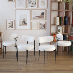 Set of 2 Dining Chairs, Mid-Century Modern, Curved Backrest Round Upholstered Boucle with Black Metal Legs
