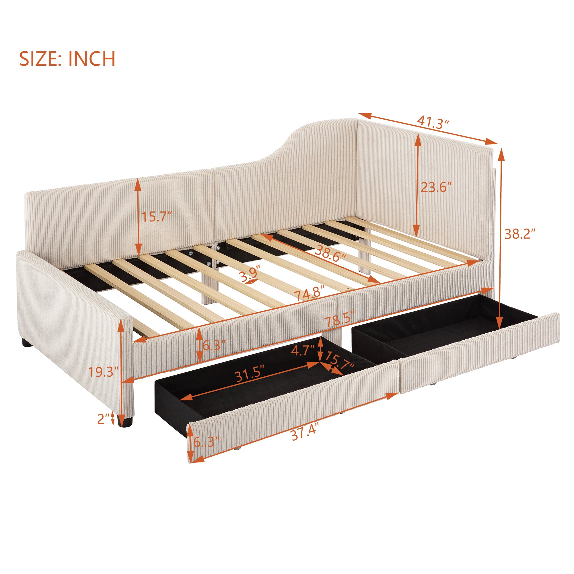 Twin Size L-Shaped Corduroy Daybed,Upholstered Bed Frame with  2 Storage Drawers, Beige
