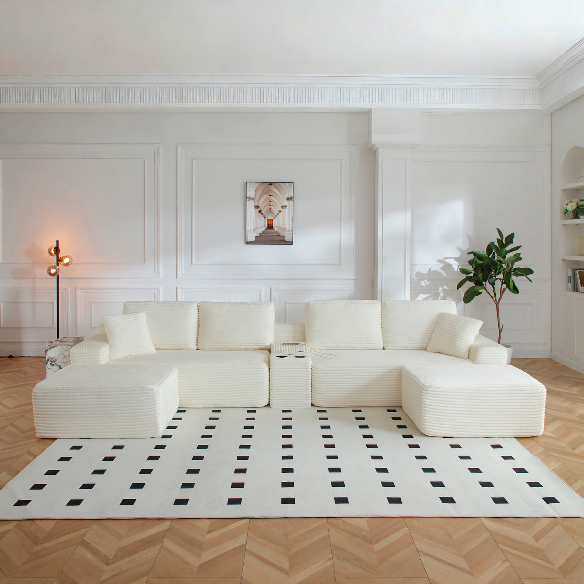 150'' Oversized Sectional Sofa, Cloud Couch with Deep Seat,L-Shape Sofa with Cup Holders and USB Ports ,Upholstered Corduroy Couches for Living Room,Beige