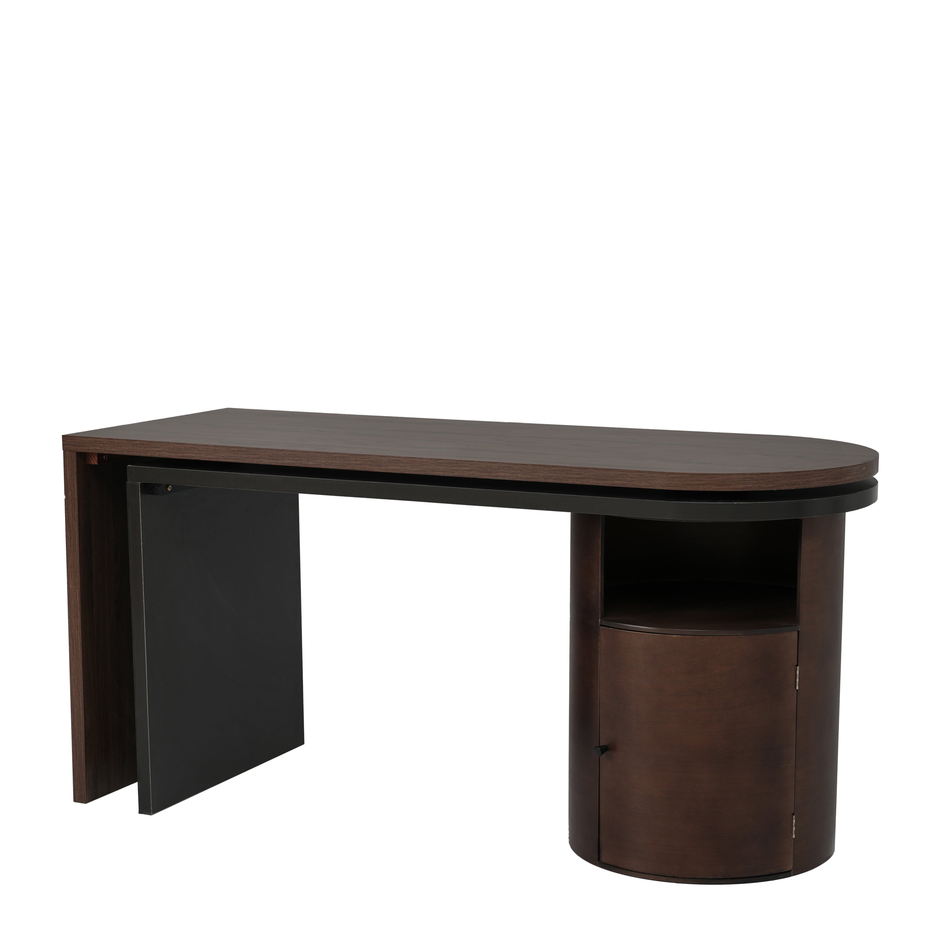Modern L Shaped Desk in Walnut with 1 Cabinet and Open storage, 360° Wood Rotating Desk 56.92"  - Walnut