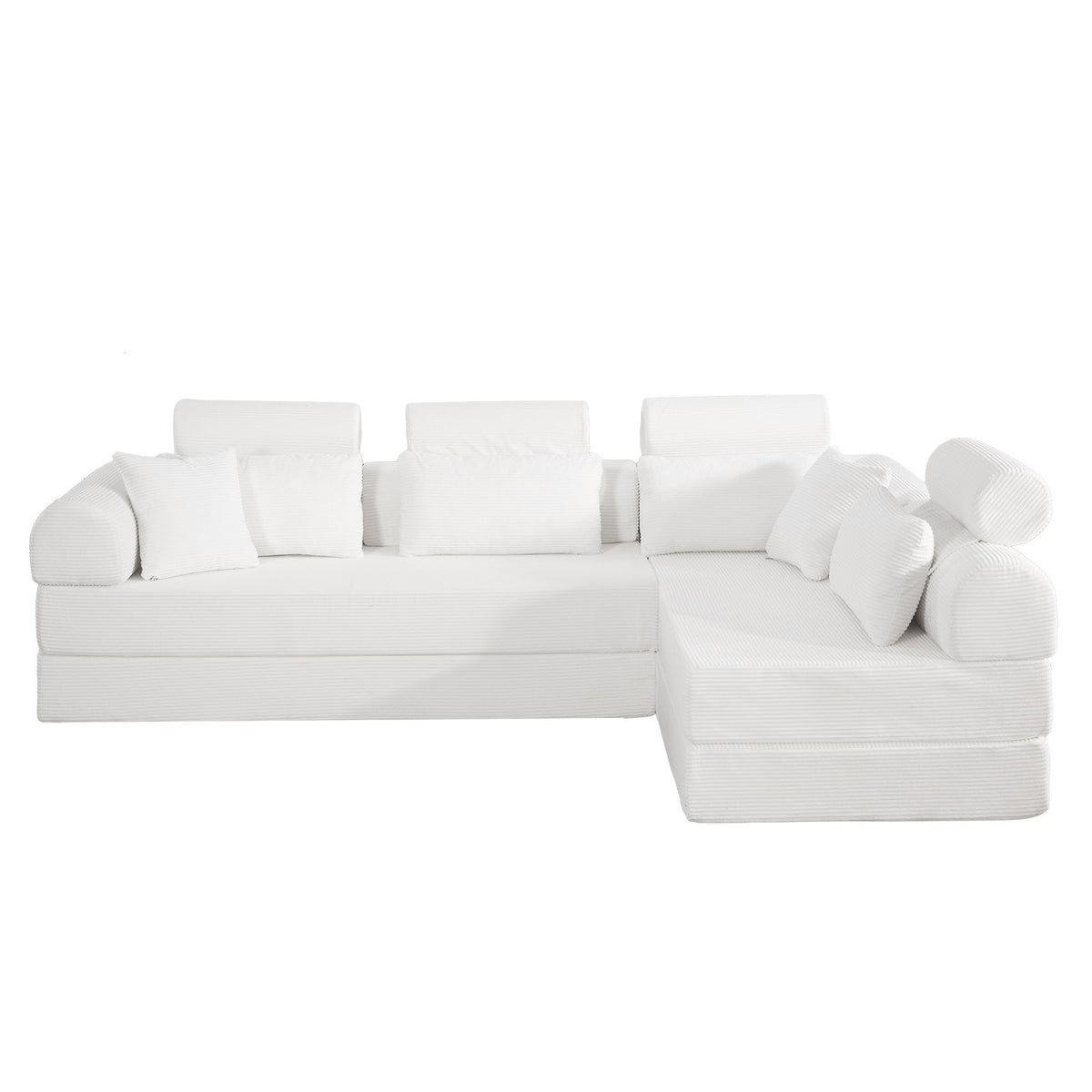 Modern Minimalist L-Shape Modular Sectional Sofa in Beige Corduroy Fabric, Compressed Design with Bed Conversion, Space-Efficient Living Room Furniture