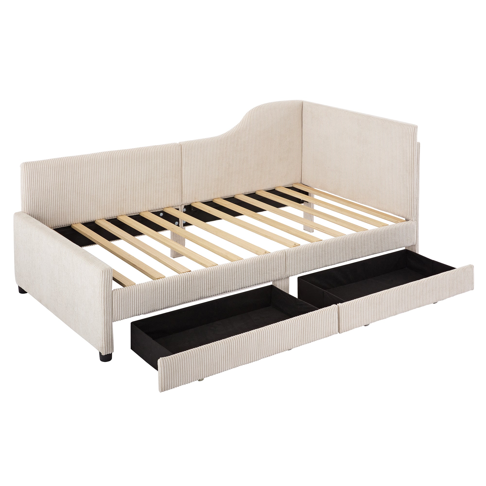 Twin Size L-Shaped Corduroy Daybed,Upholstered Bed Frame with  2 Storage Drawers, Beige