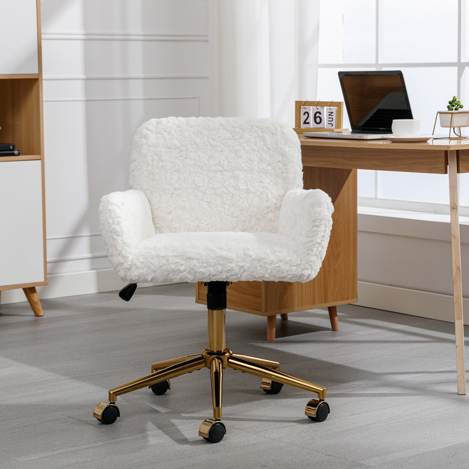 Cozy Plush Home Office Chair with Golden Metal Base  Adjustable Desk Chair Swivel Office Chair,Vanity Chair - Cream