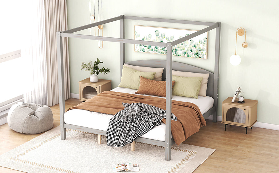 King Size Platform Bed with Headboard and Support Legs - Grey Wash