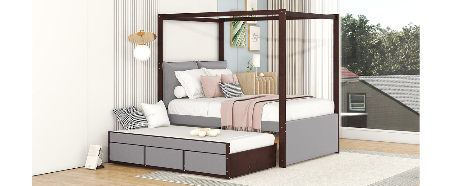Full Size Upholstered  Canopy Bed with Trundle and 3 Drawers - Gray