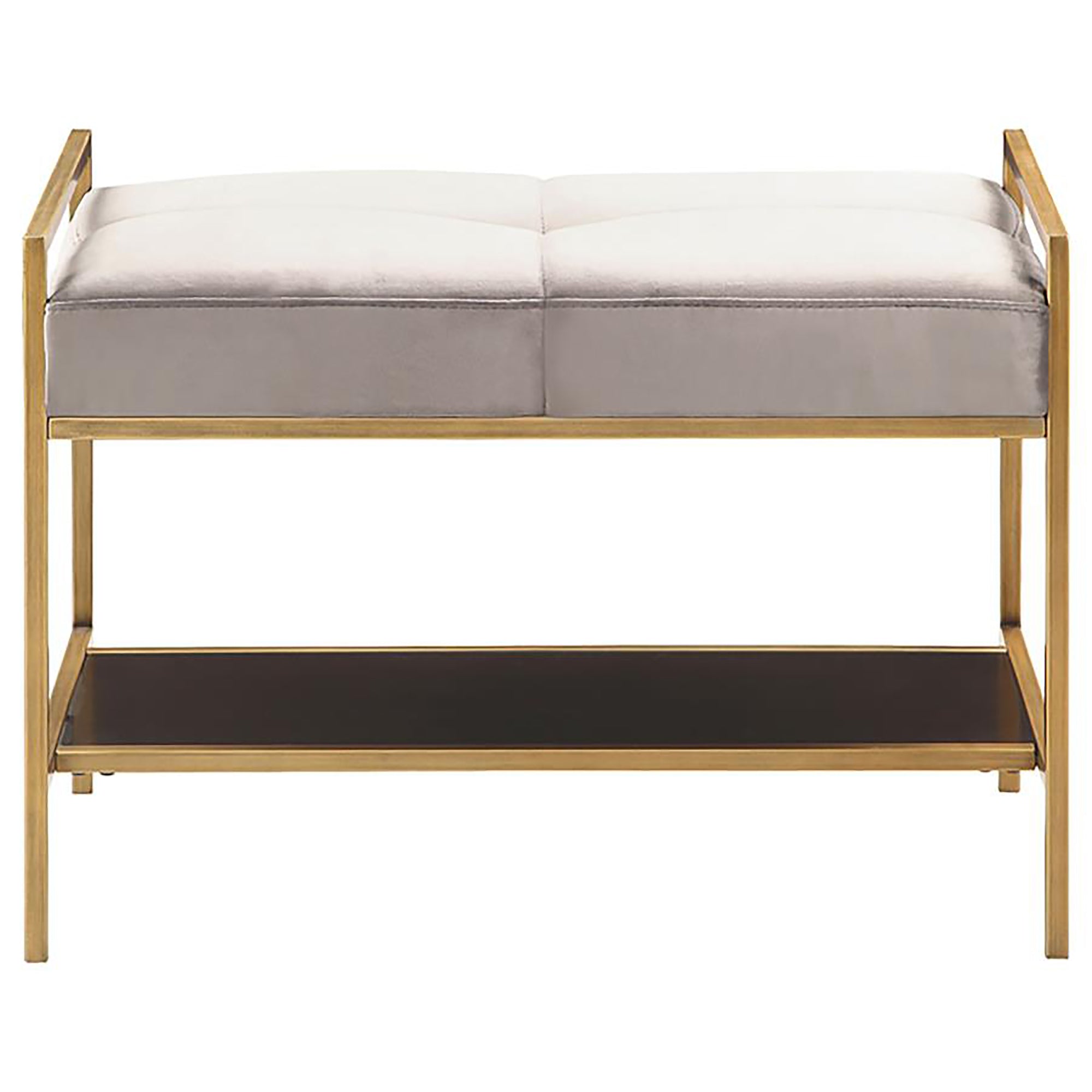 Grey and Gold Upholstered Bench with Bottom Shelf