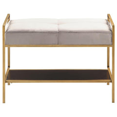 Grey and Gold Upholstered Bench with Bottom Shelf